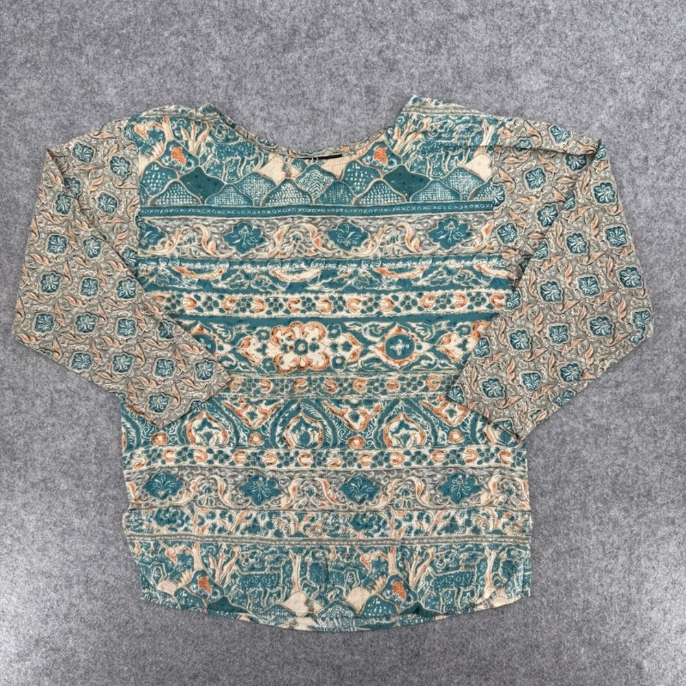 Vintage Carole Little Top Womens 6 9575198 Teal Batik Floral Animal Print USA